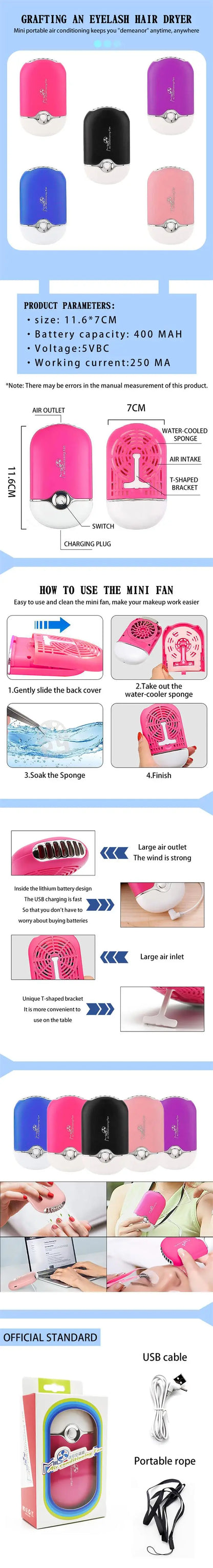 MASSA USB Mini Eyelashes Fan – Στεγνωτήρας κόλλας βλεφαρίδων ταχείας ξήρανσης, εργαλείο επέκτασης βλεφαρίδων για επαγγελματικό μακιγιάζ